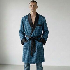 VTG 1950s Bel-Air Canada Men's Blue Check Robe Dressing Gown Smoking Jacket L